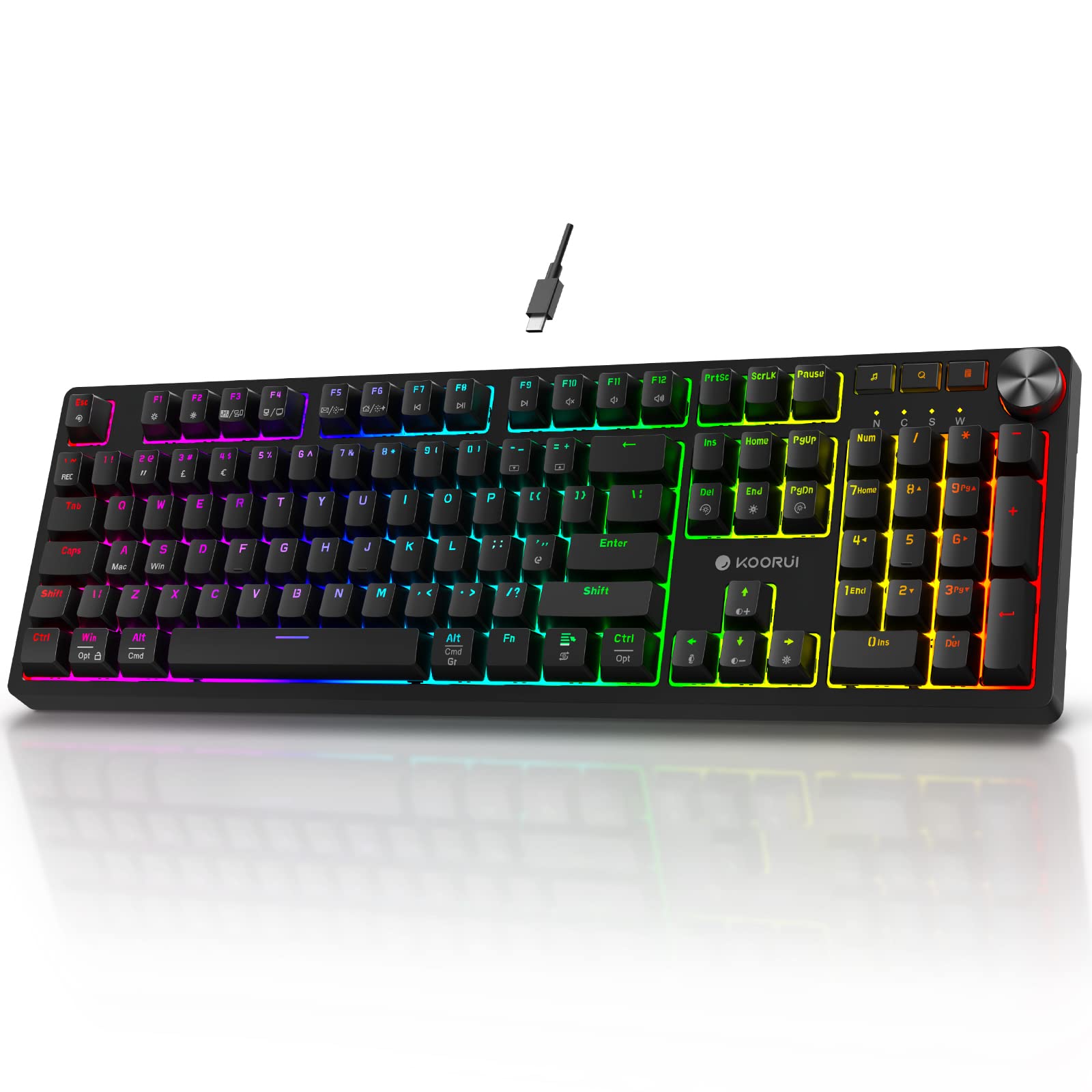 KOORUI MK104-RED Mechanical Gaming Keyboard – 104 Keys, 26 RGB Backlighting Effects, Pluggable Switches, Anti-Ghosting, Wired for PC & Mac