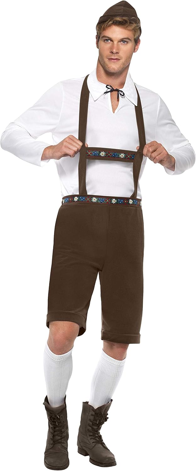 Smiffys Bavarian Man Costume with Lederhosen Shorts, Braces, Top and Hat - Adult Fancy Dress (Model SM30286L, Size L)