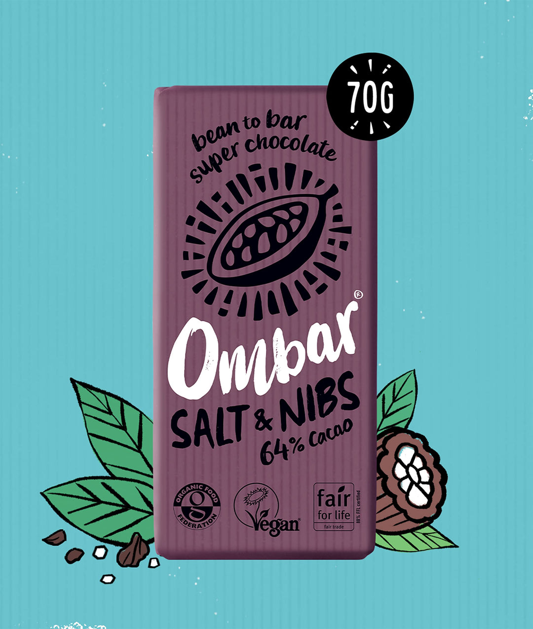 Ombar Salt & Nibs 64%, Vegan, Organic, Fair Trade Chocolate Bar