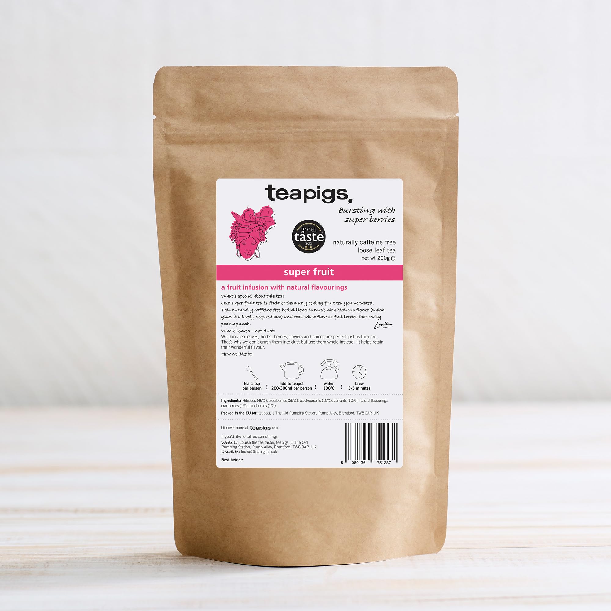 teapigs Super Fruit Tea - Caffeine-Free Herbal Loose Leaf with Hibiscus and Whole Berries, 200g