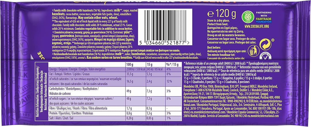 Cadbury Dairy Milk Whole Nut Bar with Whole Hazelnuts, 120g