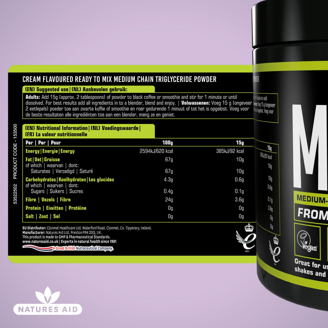 Natures Aid MCT Oil Creamer Powder - Vegan, Sustainably Sourced, Rapidly Absorbed for Energy - 100% Coconut Oil