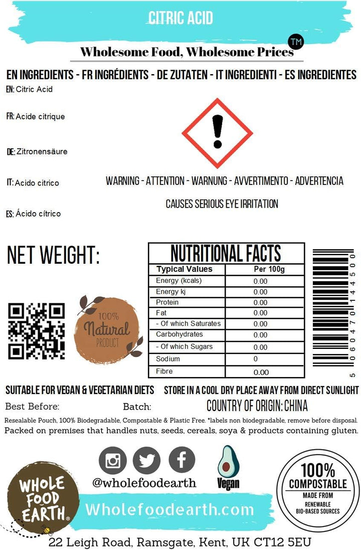 Wholefood Earth - Citric Acid 500g - Anhydrous - Food Grade