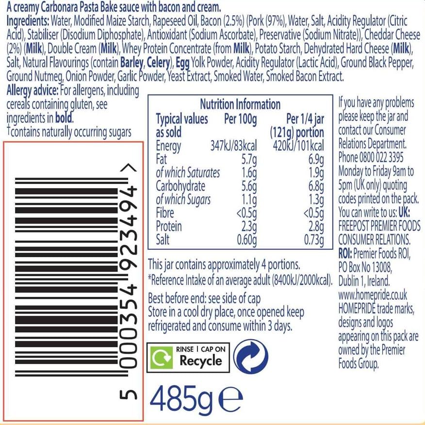 Homepride Carbonara Pasta Bake Sauce, No Added Sugars, 485g Jar