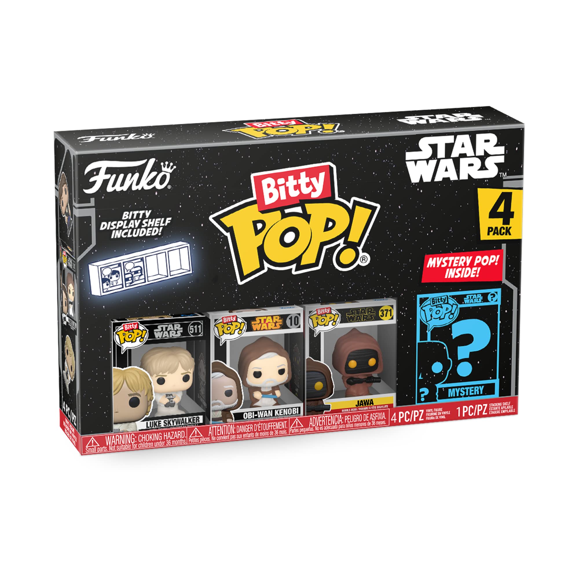 Funko Bitty POP! Star Wars - Luke Skywalker, Obi-Wan Kenobi, Jawa & Mystery Mini Figure 4-Pack with Display Shelf 1