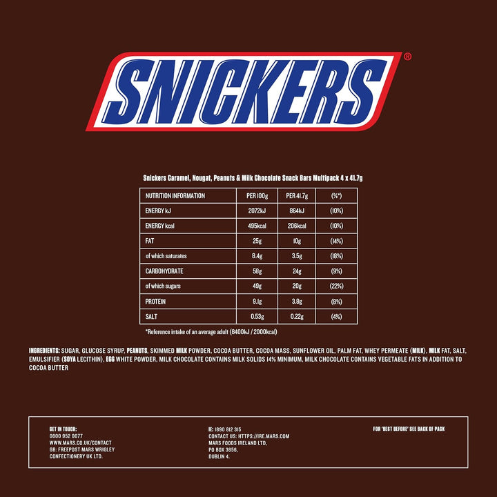 Snickers Chocolate Bars Multipack, 4 Pack of Milk Chocolate Snacks with Peanuts, Caramel & Nougat