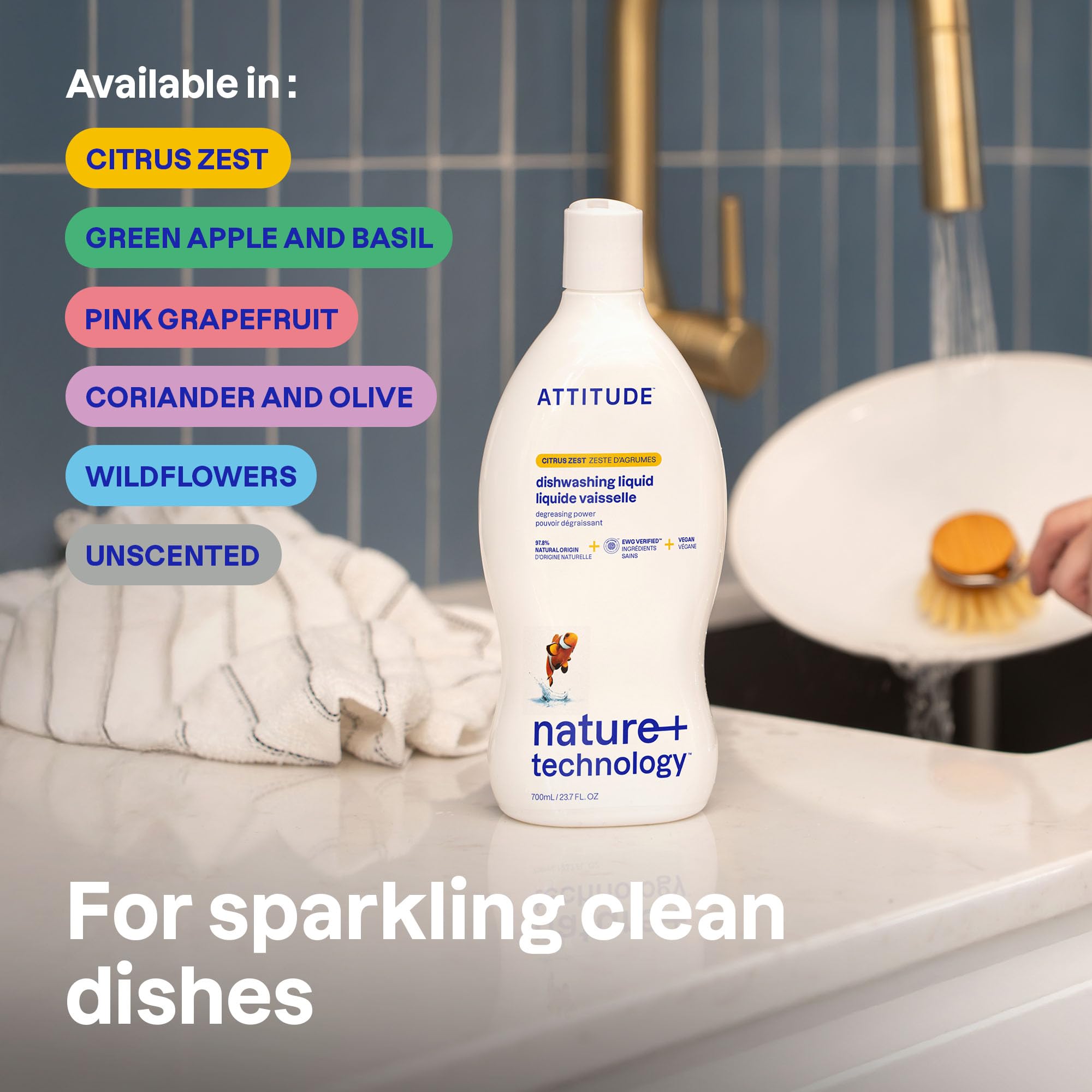 ATTITUDE Washing-Up Liquid - EWG Verified Plant-Based Dish Soap | Citrus Zest | 700 ml