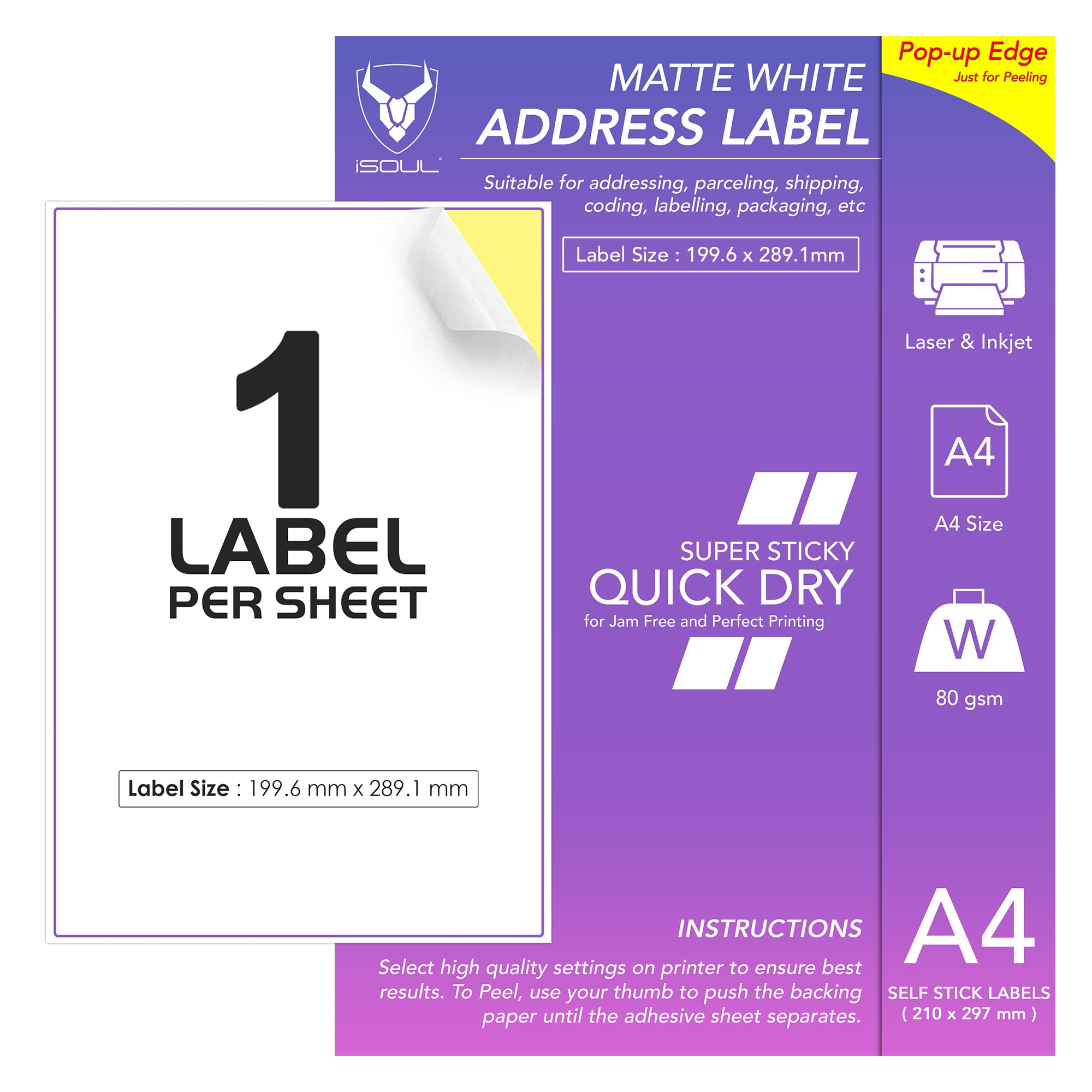 iSOUL Printable Printer Labels - 1 Label Per A4 Sheet, 50 Sheets Matte Self Adhesive Paper for Inkjet/Laser 1
