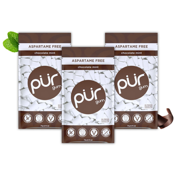 PUR - Natural Chocolate Mint Sugar-Free Chewing Gum (55 Pieces, Pack of 3)