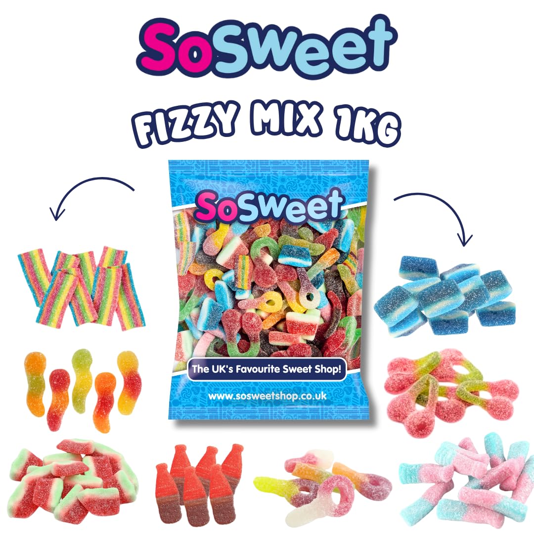 SoSweet Fizzy Sweet Mix – 1kg Tangy Pick & Mix Sweets | Sour Fruit Flavours, Party Candy, Sharing Treats