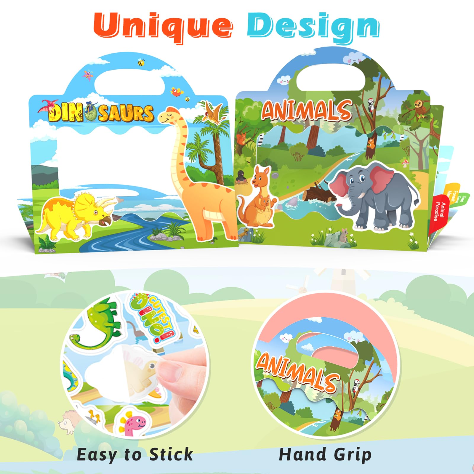 GUYUCOM 2 Pack Reusable Sticker Books for Toddlers - Educational Dinosaur & Animal PVC Stickers for Kids Ages 2-4 11