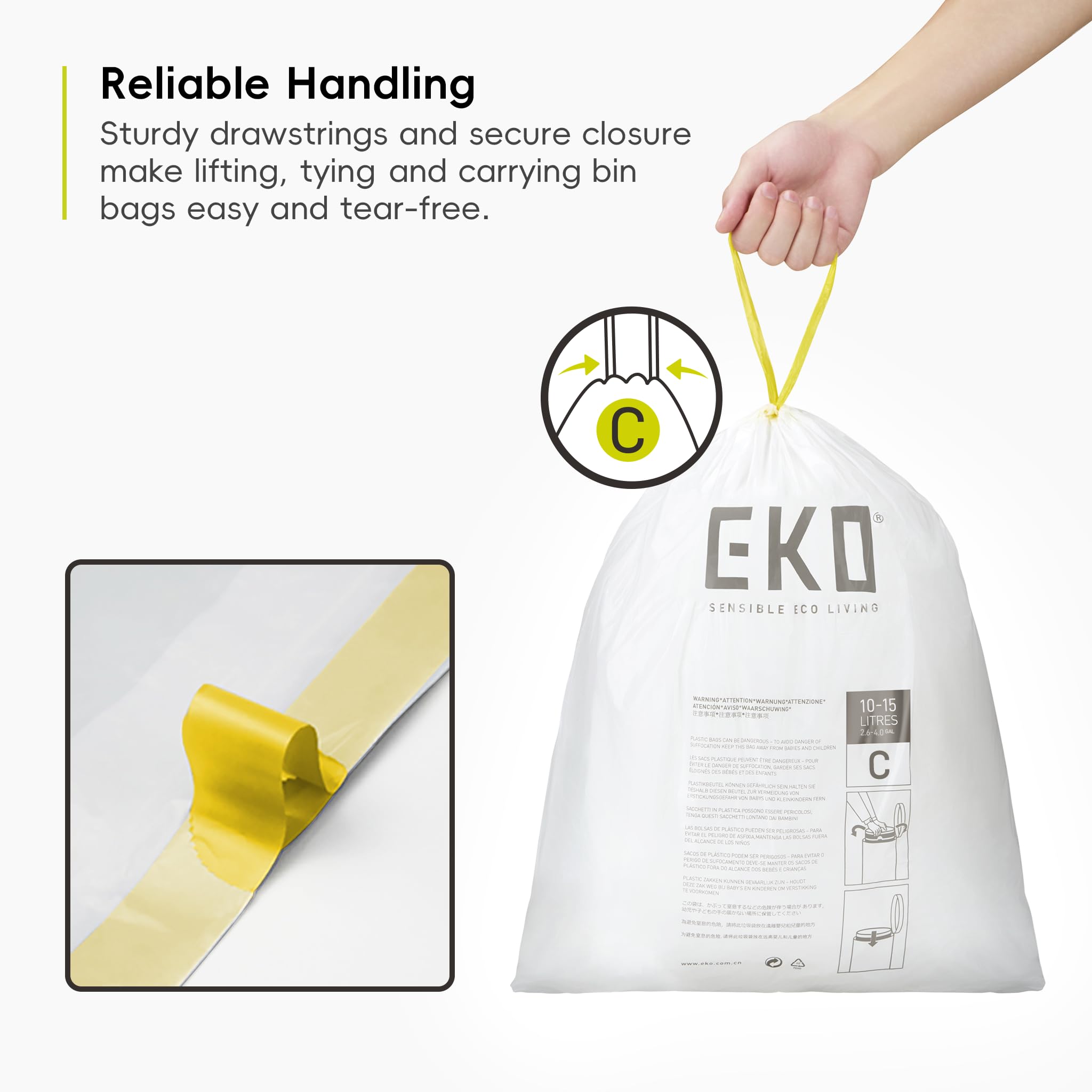 EKO Size C Bin Liners - 10-15 Litre Capacity | Extra Strong Drawstring Bags | 20 Count 4
