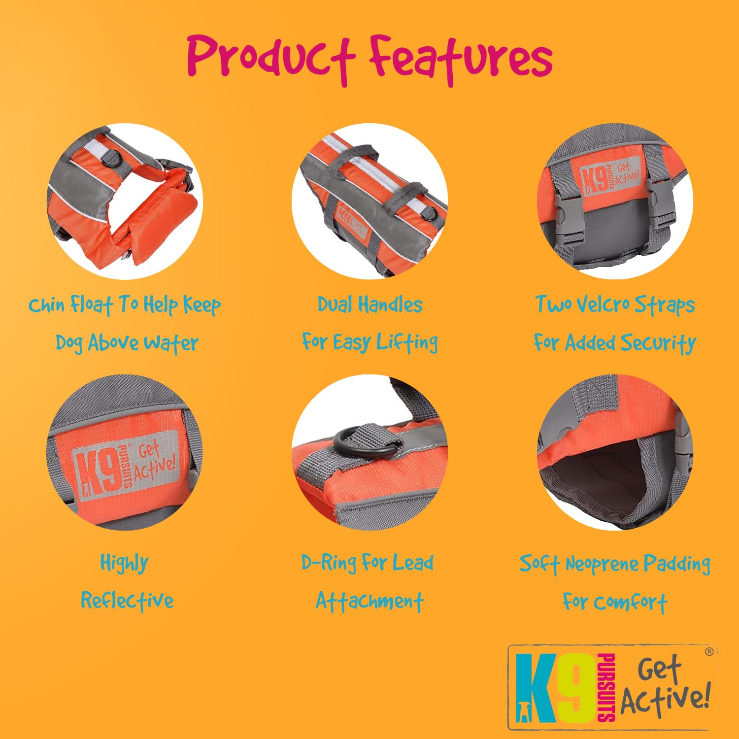 K9 Pursuits High Visibility Life Jacket for Large Dogs | Orange | Adjustable Fit | 25kg-39kg 6