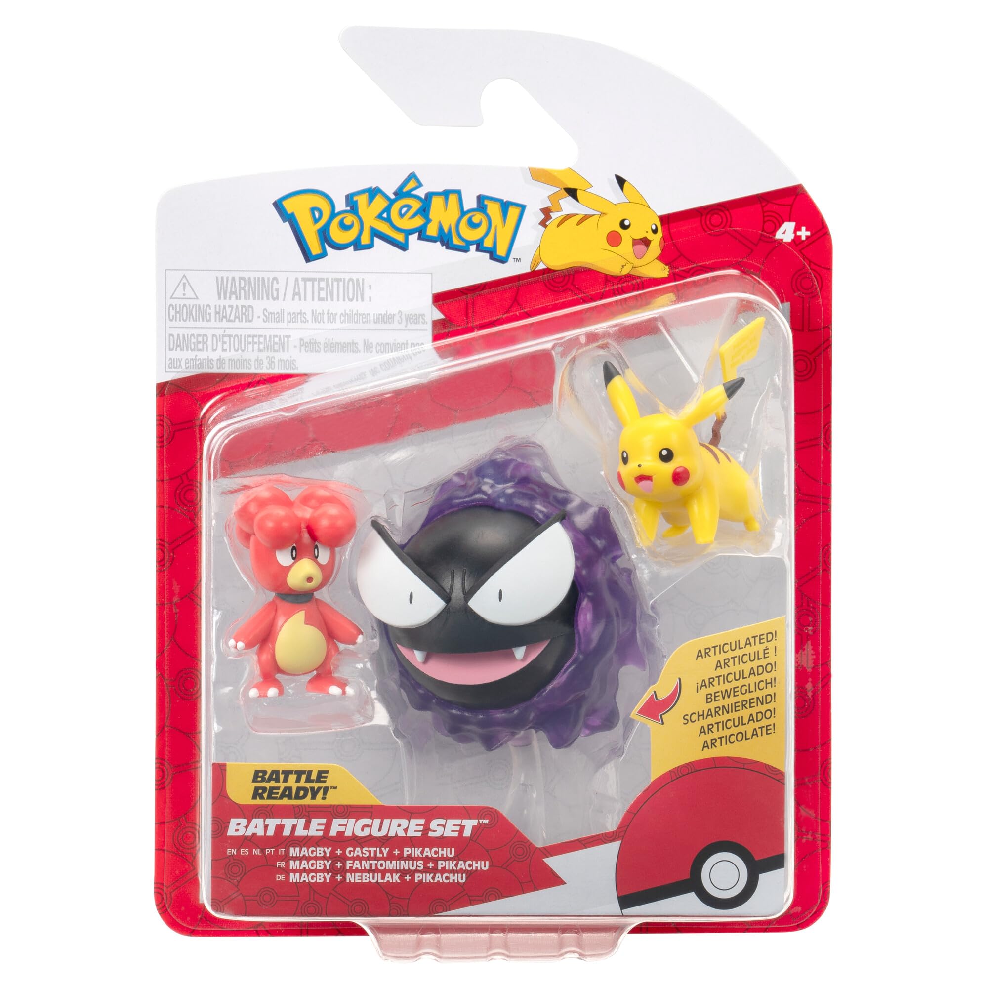 Pokémon Battle Figure 3 Pack - 2-Inch Pikachu & Magby, 3-Inch Gastly with Articulated Limbs