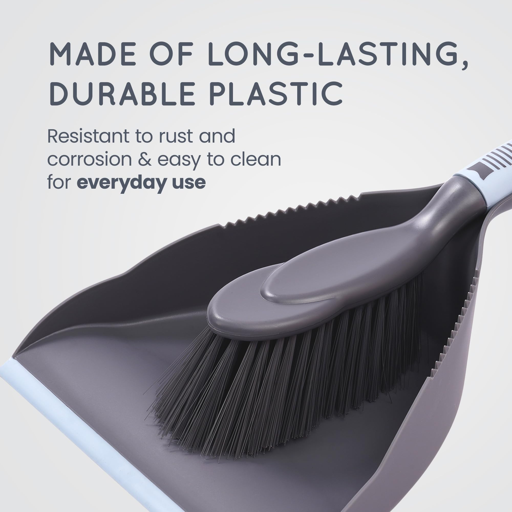 CUQOO Plastic Dustpan and Brush Set - Durable Lightweight Design | Corrugated Edge | Grey 7