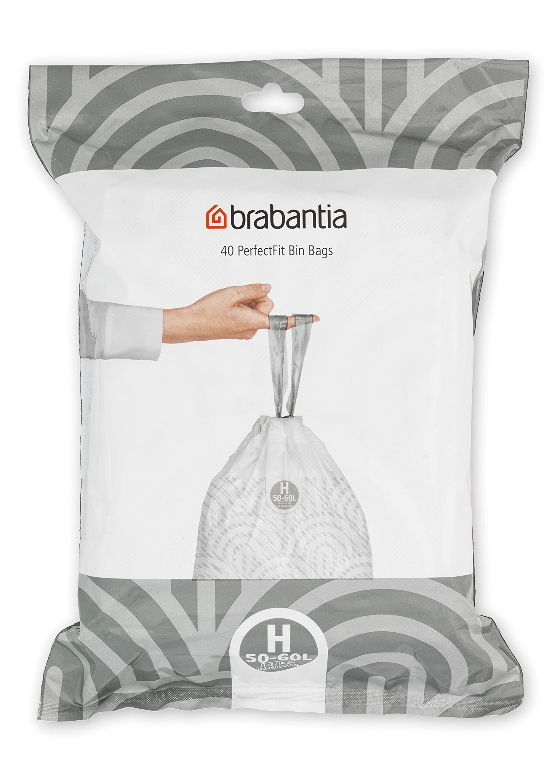 Brabantia PerfectFit Bin Liners - Code H | 60 Litre Capacity | 40 Count | Tear-Resistant Plastic