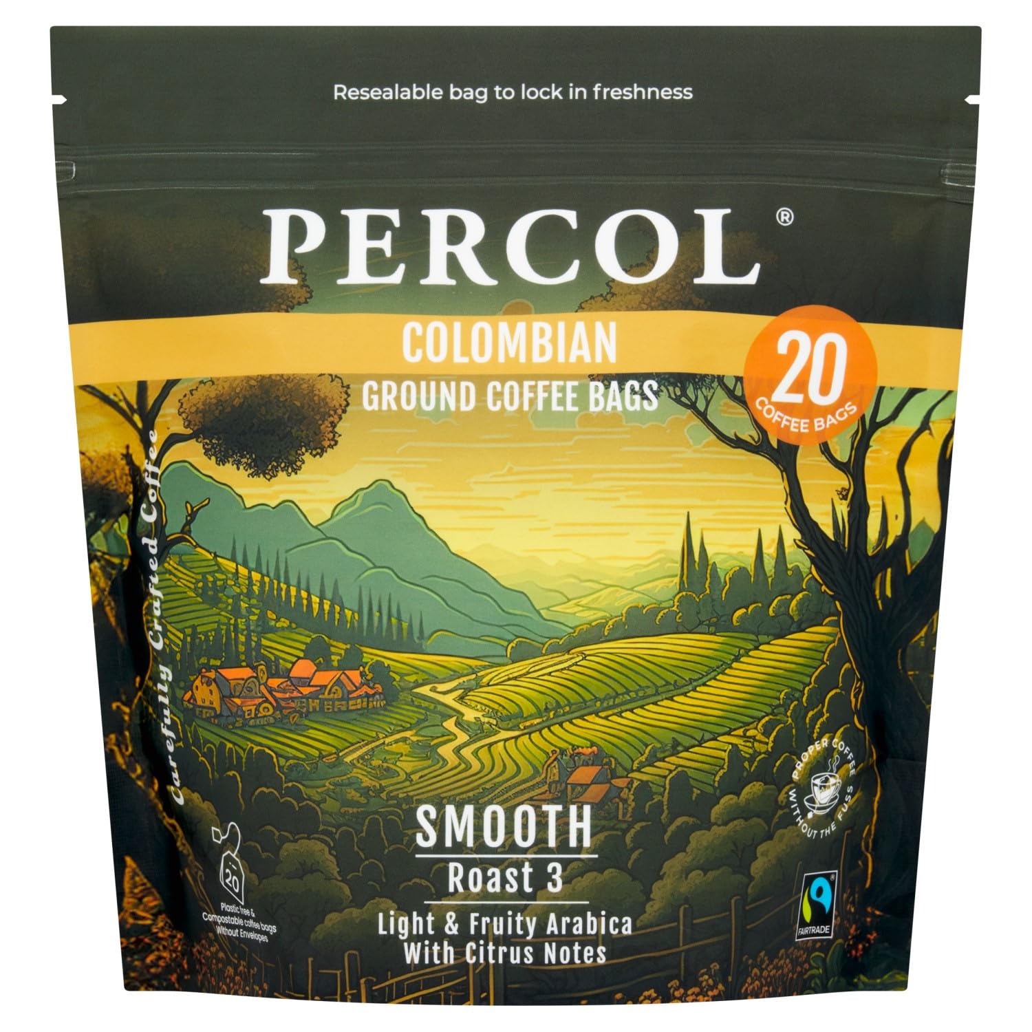 PERCOL Colombian Loose Packed Ground Coffee Bags (80x8g) - Fairtrade Light Roast
