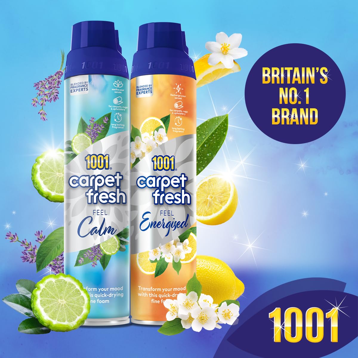 1001 Carpet Fresh Feel Energized 300ml Can - Invigorating Lemon Scent for Carpets & Upholstery 3