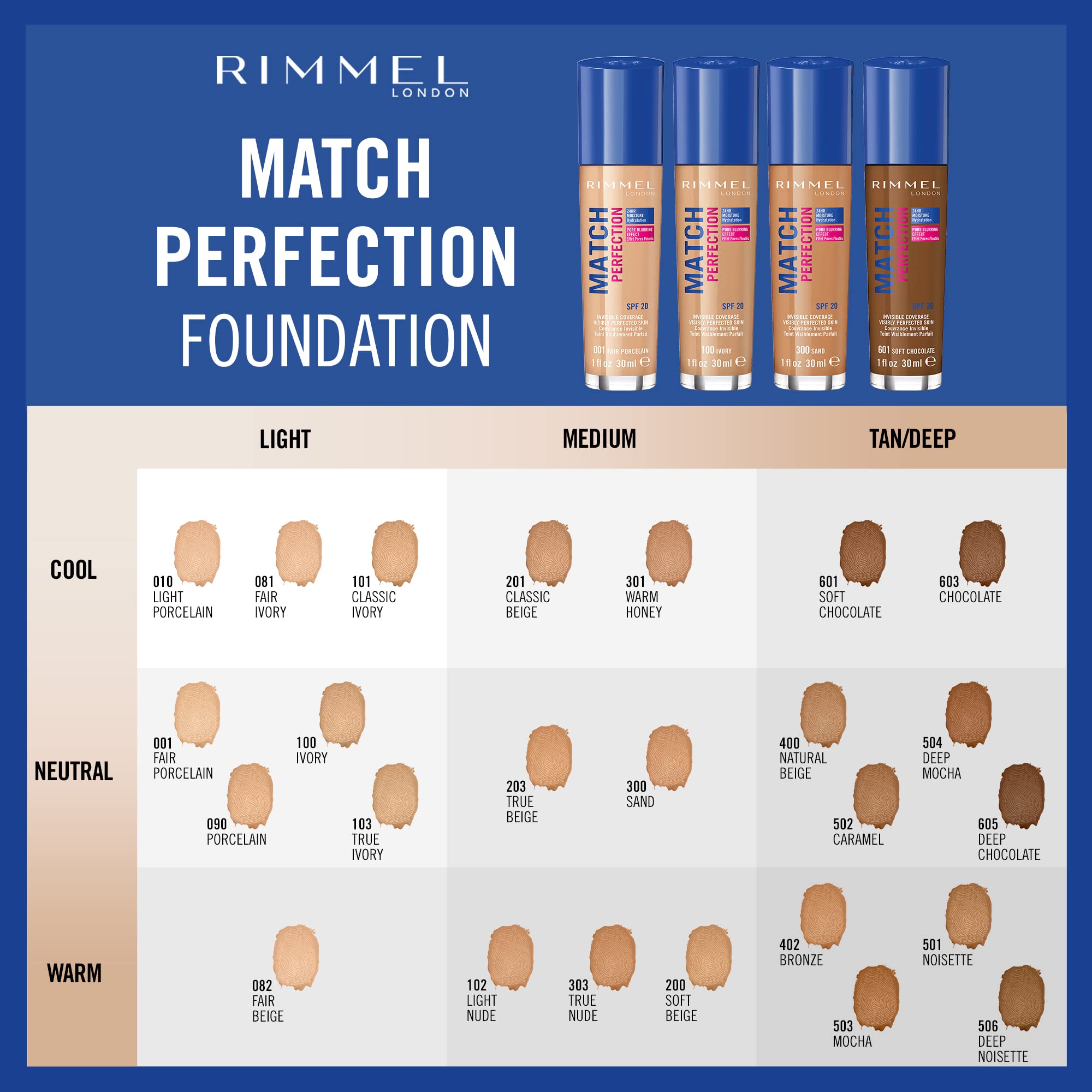 Rimmel Match Perfection Foundation - Medium Coverage, 24hr Hydration, SPF20, Fair Ivory 3