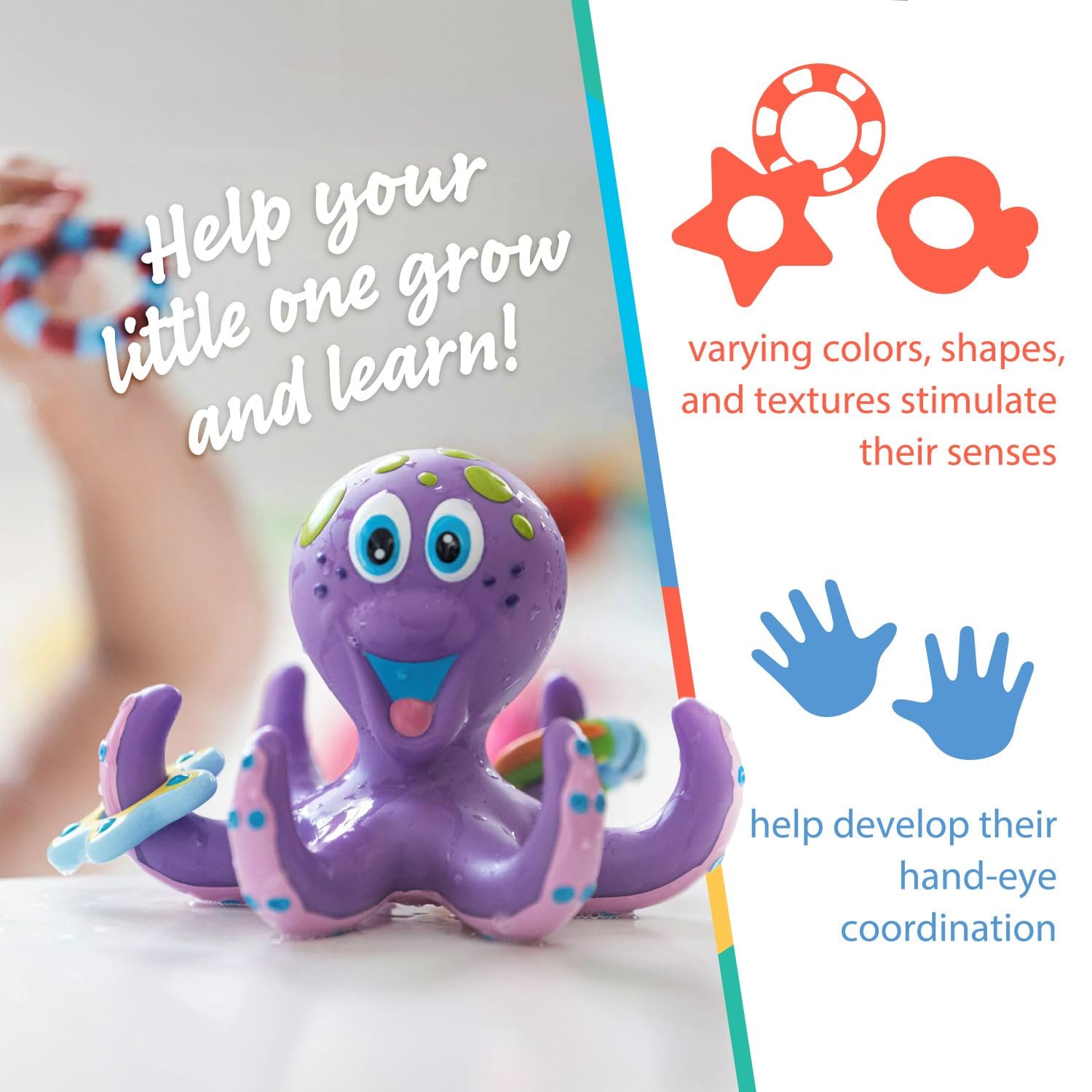 Nuby Floating Octopus Bath Toy with 3 Throwing Rings | Ages 18 Months+ | Purple
