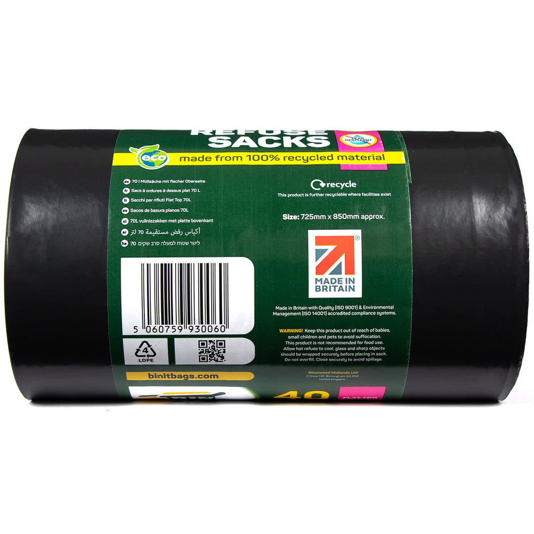 BIN IT 40 Everyday 70L Strong & Secure Bin Liners, 100% Recycled LDPE, 30 μm, Flat Top, Tear Resistant, Leak Resistant, Made in Britain