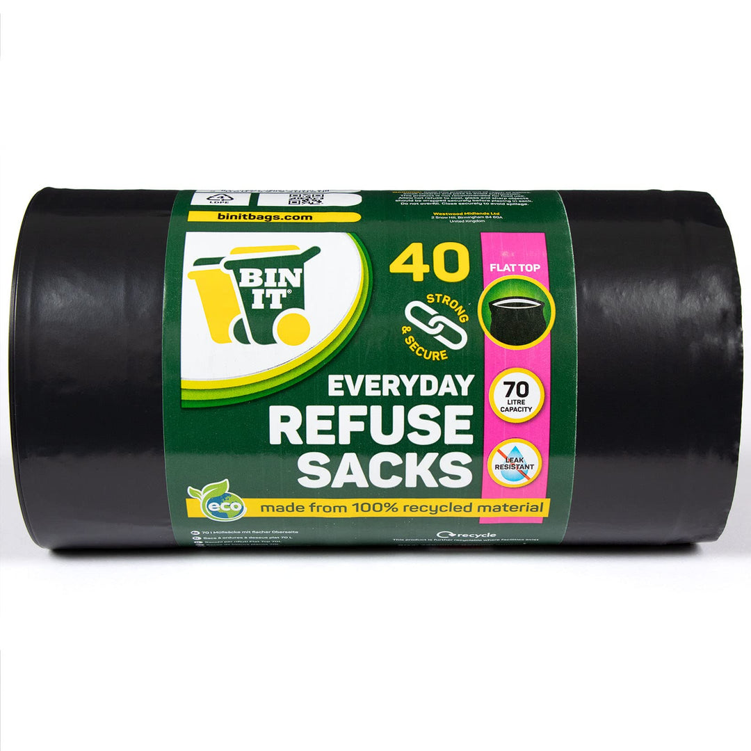 BIN IT 40 Everyday 70L Strong & Secure Bin Liners, 100% Recycled LDPE, 30 μm, Flat Top, Tear Resistant, Leak Resistant, Made in Britain