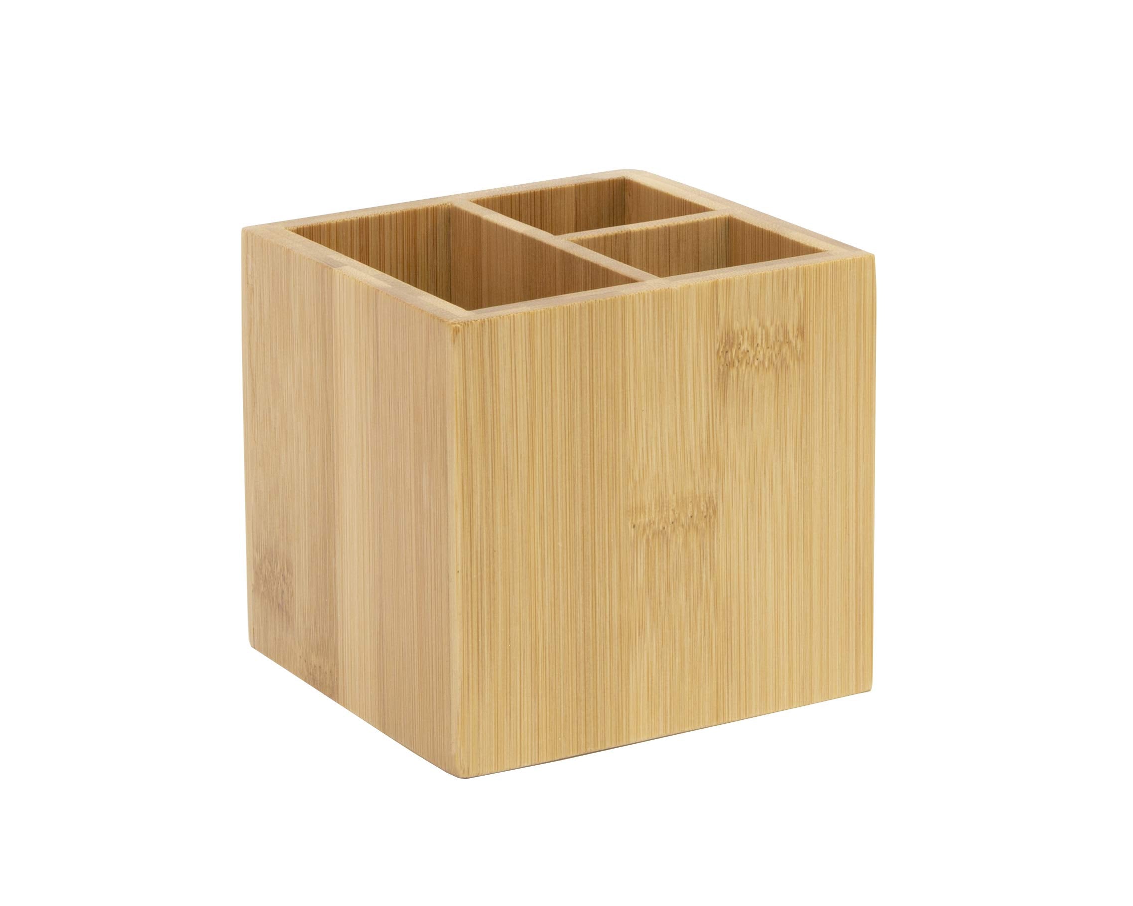 Osco Bamboo Square Pen Pot with 3 Compartments - Natural Finish | H100mm x W105mm 1