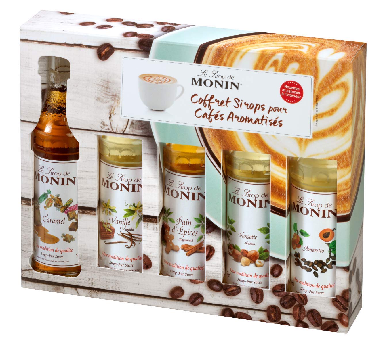 Monin Flavoured Coffee Syrup Gift Set - 5 x 50ml Bottles (Vanilla, Caramel, Hazelnut, Amaretto, Gingerbread) 1