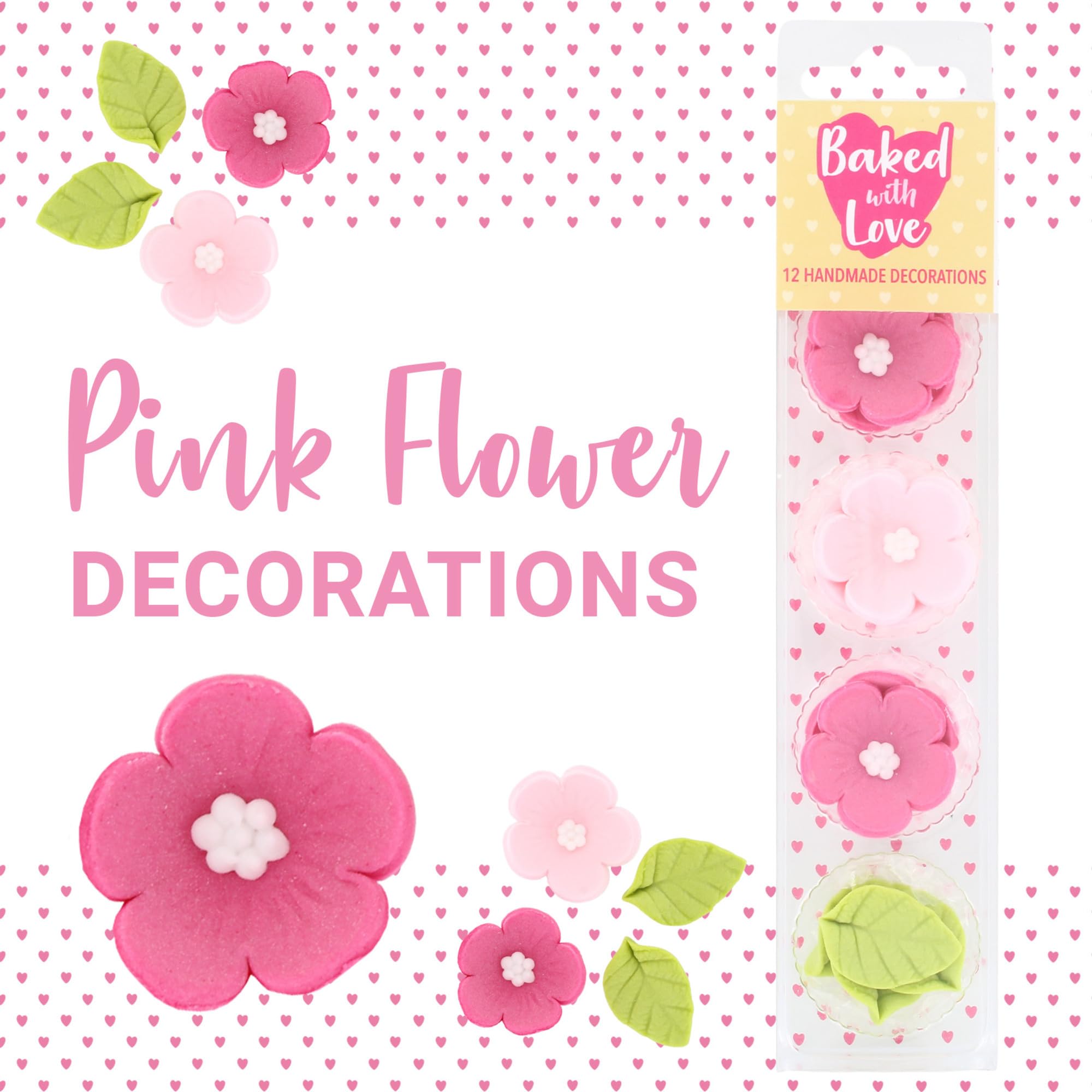 Baked with Love - 12 Pack Handmade Edible Sugar Flowers and Leaves Cupcake Toppers | Pink & Green 5