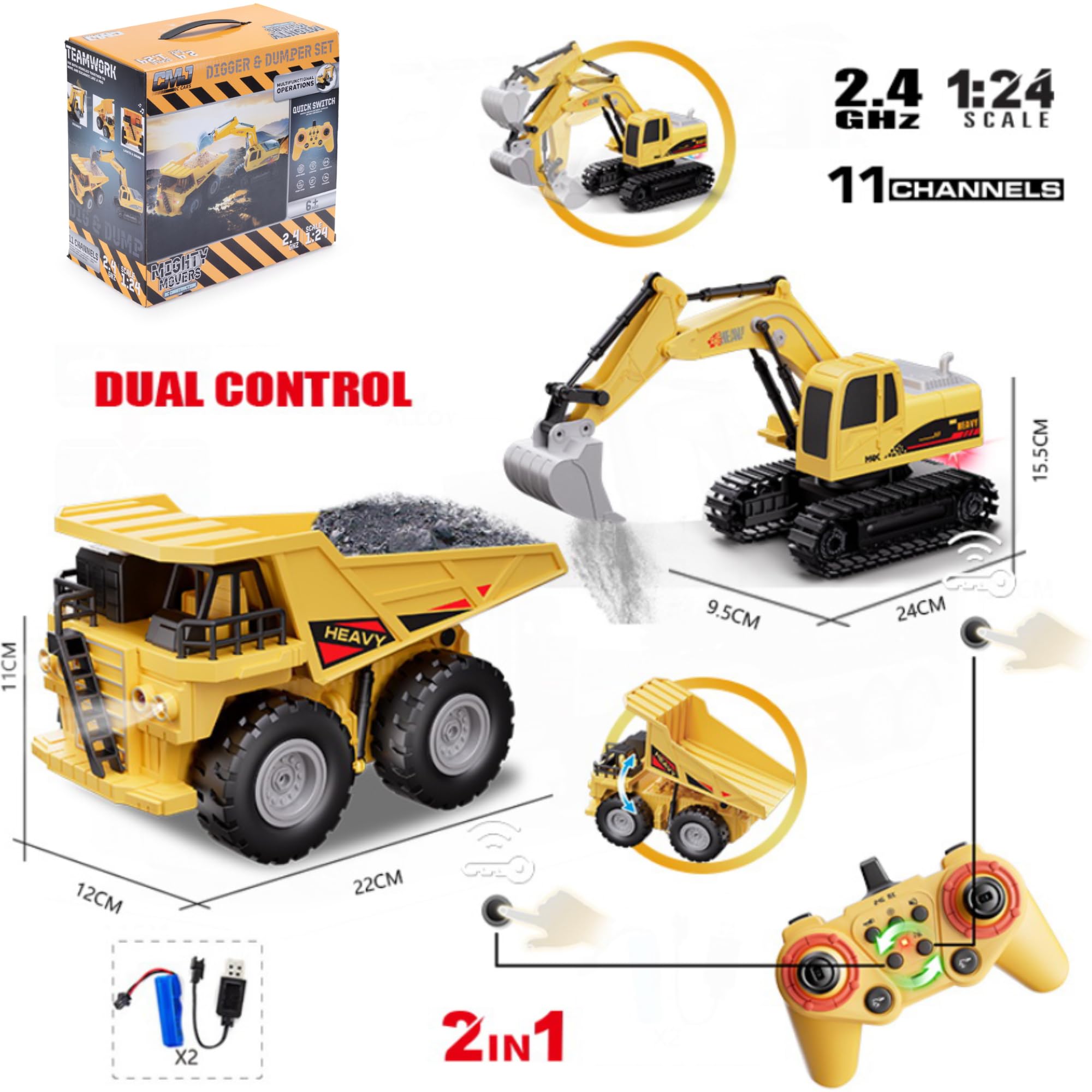 CMJ RC Cars Digger + Dumper RC Set - Twin Pack Excavator & Dump Truck | 1:24 Scale 6