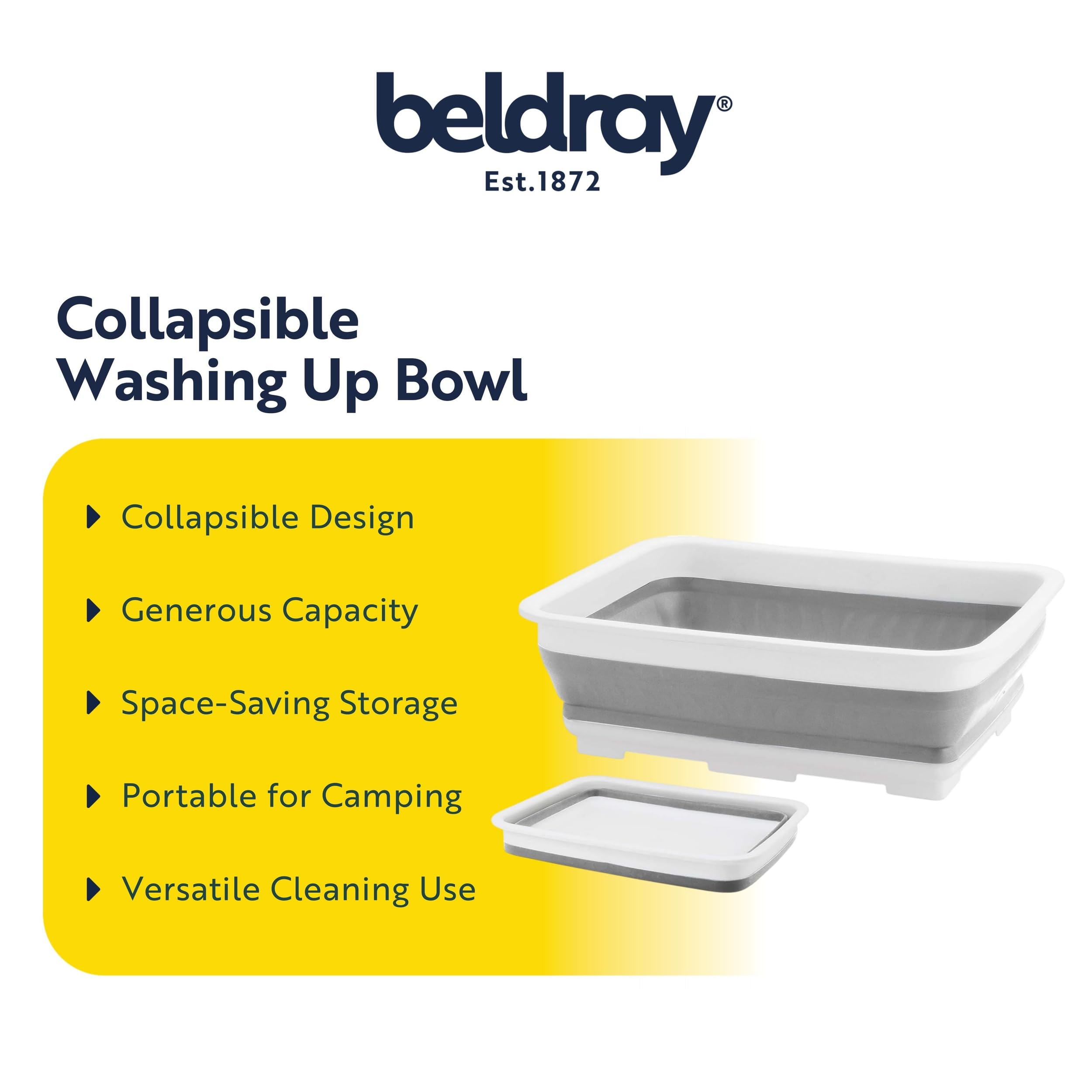 Beldray Collapsible Washing Up Bowl - Foldable Dish Basin for Camping, Kitchen Sink Use | Grey Plastic