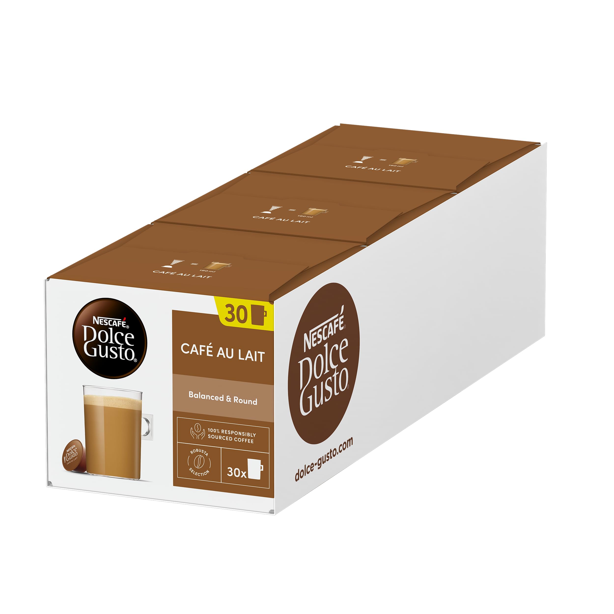 Nescafé Dolce Gusto Café Au Lait Coffee Pods - 90 Servings (3 Packs of 30) | Medium Roast
