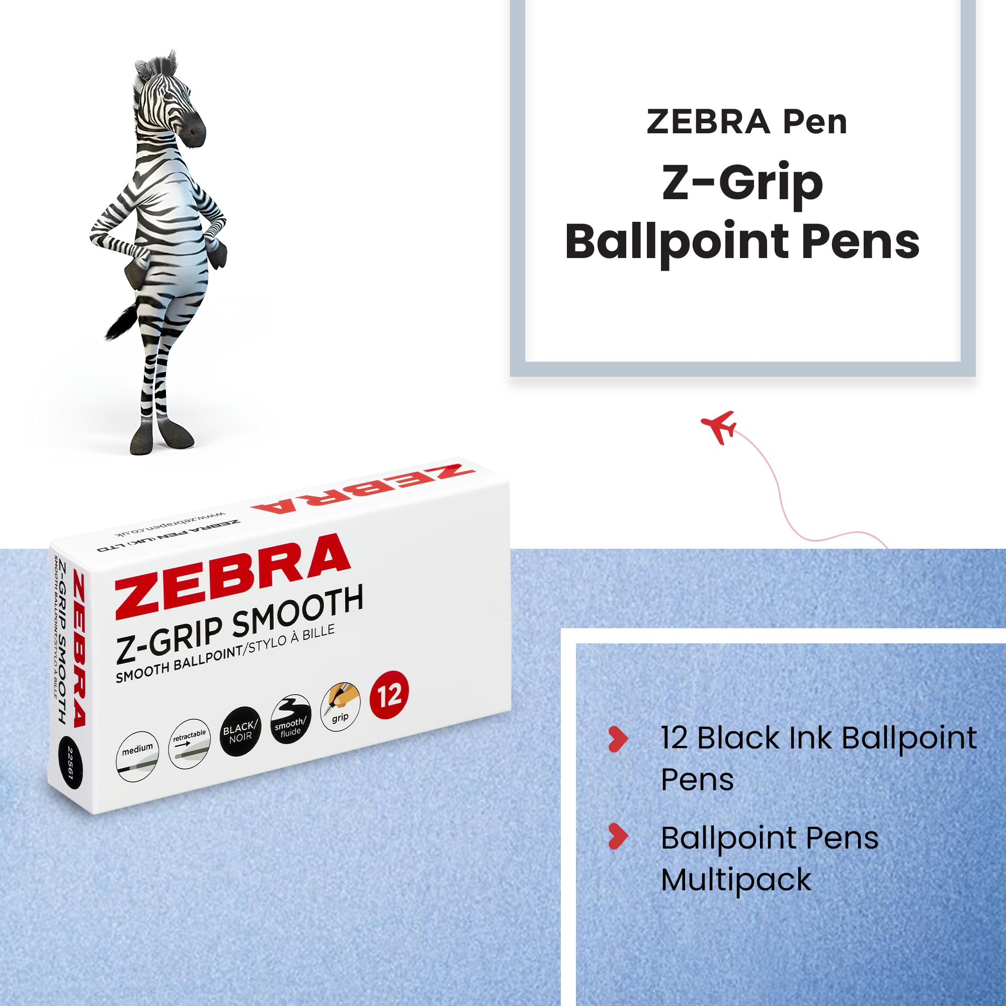 Zebra Pen Z Grip Ballpoint Pens - Medium Point, Smooth Writing, Comfort Grip | 12pk Black Ink