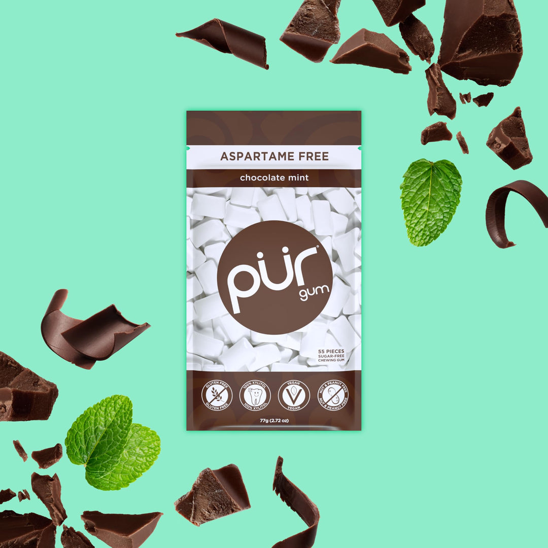 PUR - Natural Chocolate Mint Sugar-Free Chewing Gum (55 Pieces, Pack of 6)