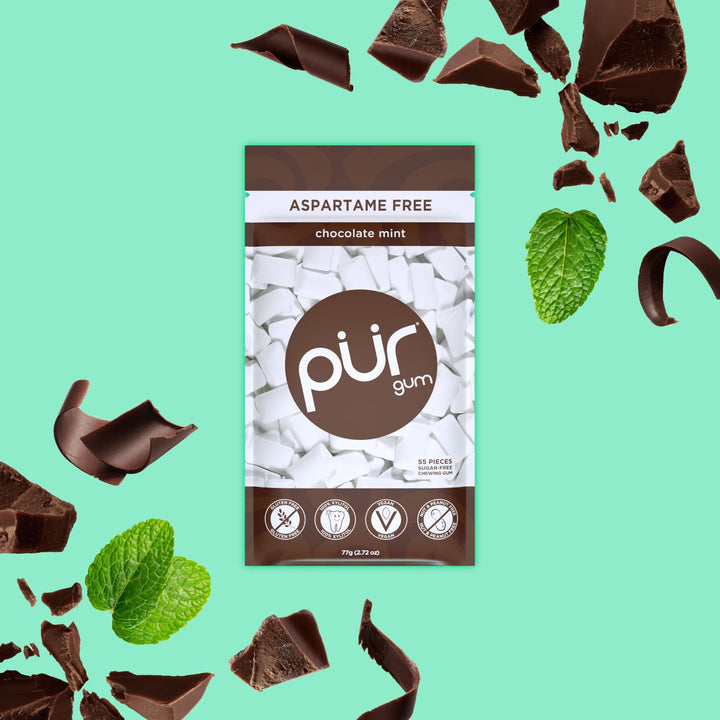 PUR - Natural Chocolate Mint Sugar-Free Chewing Gum (55 Pieces, Pack of 6)