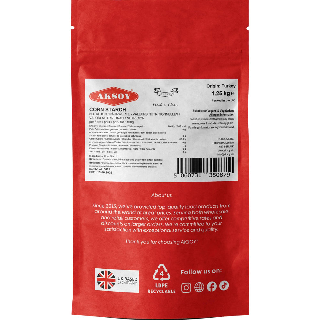 AKSOY 100% Pure Corn Starch | 1.25 KG Resealable Pouch | Non-GMO, Vegan Thickener for Gravy, Sauces, Baking & Puddings