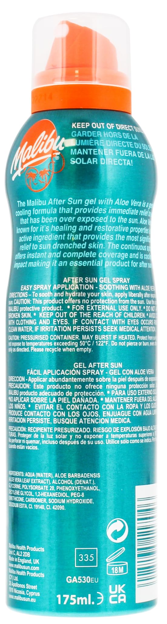 Malibu Sun Aloe Vera Gel Spray After Sun - 175 ml, Pack of 2