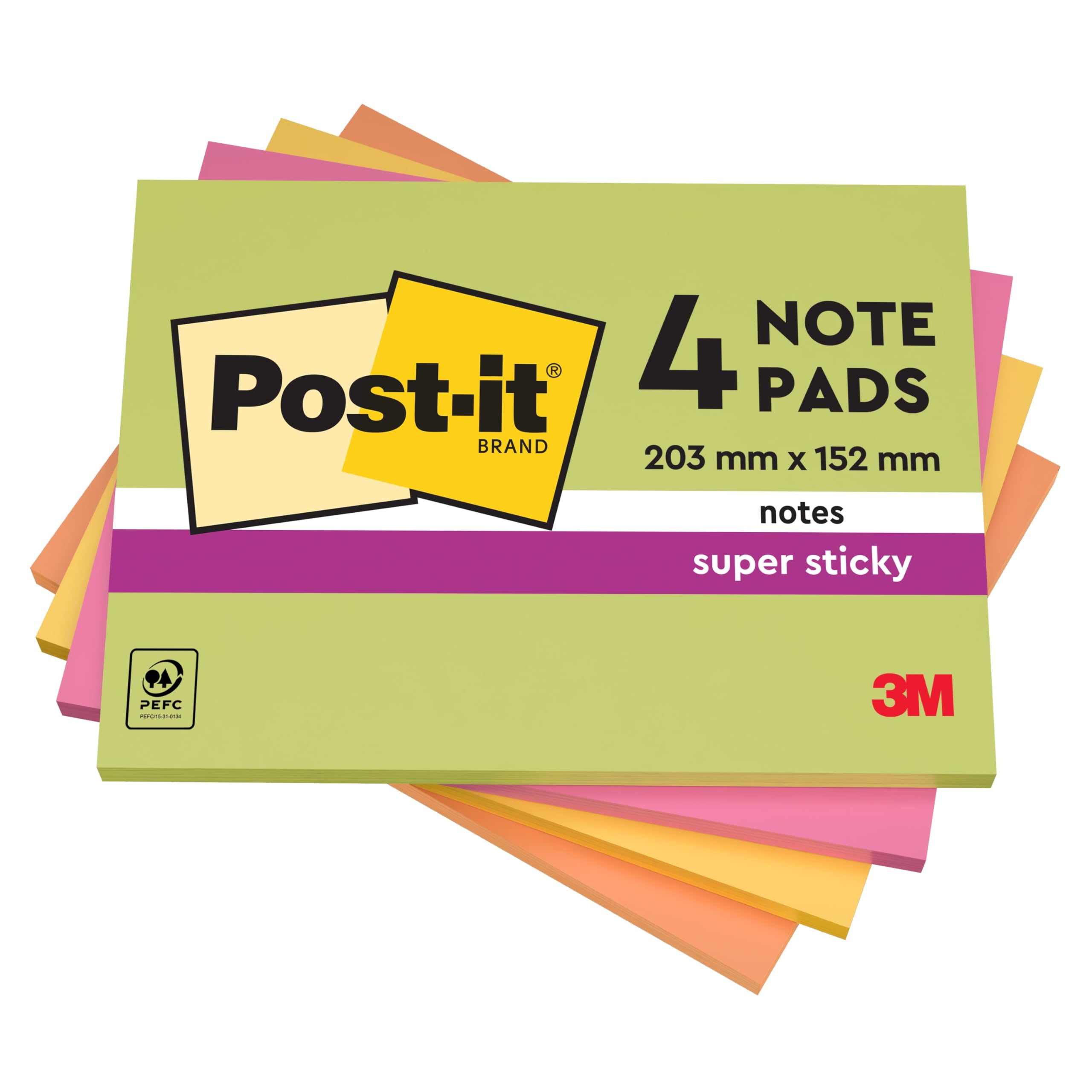 Post-it Super Sticky Notes - 152 x 101 mm Large Pad, Assorted Colors (4 Pads, 45 Sheets/Pad) 1