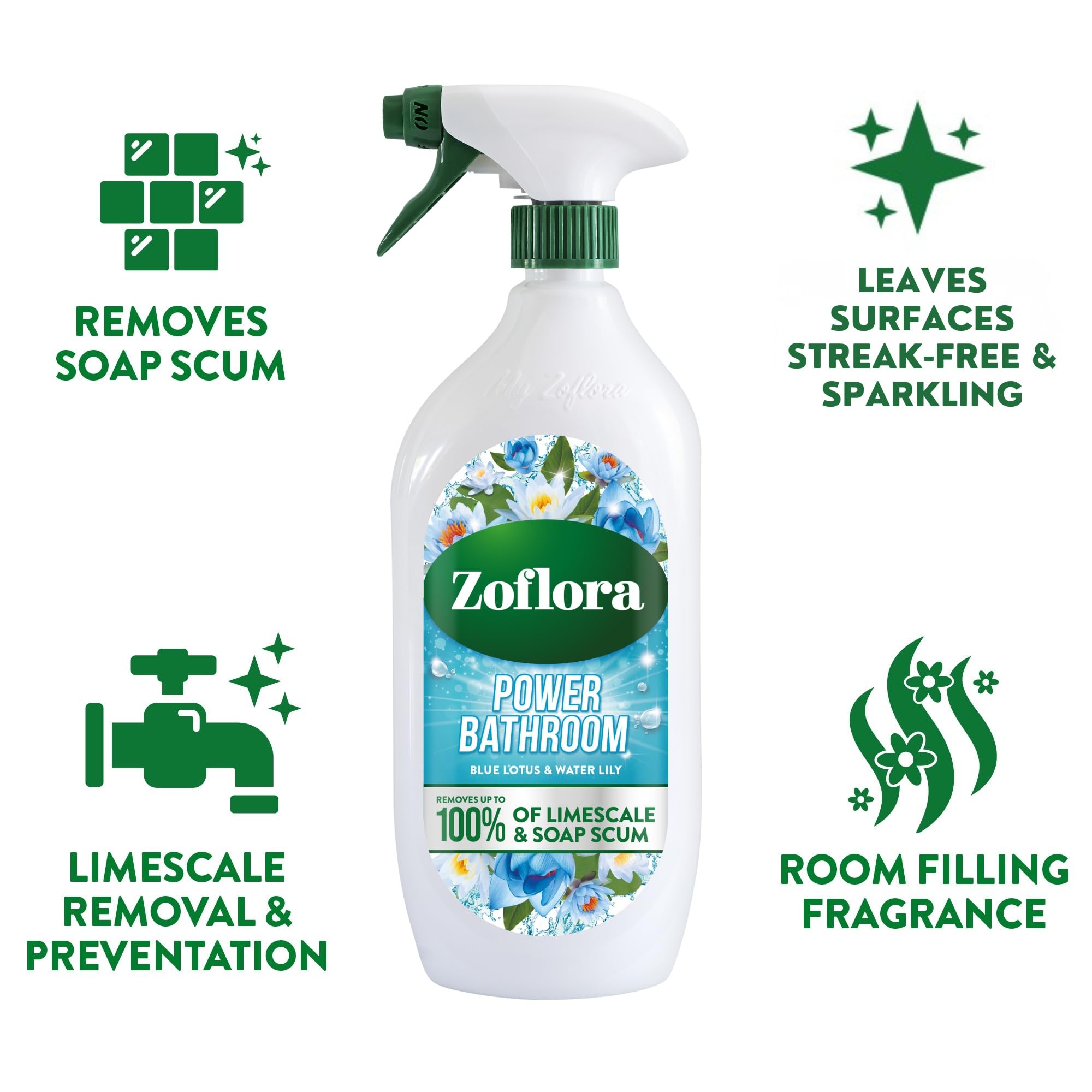 Zoflora Blue Lotus & Water Lily Bathroom Cleaner - Removes 100% Limescale | Streak-Free | 800ml