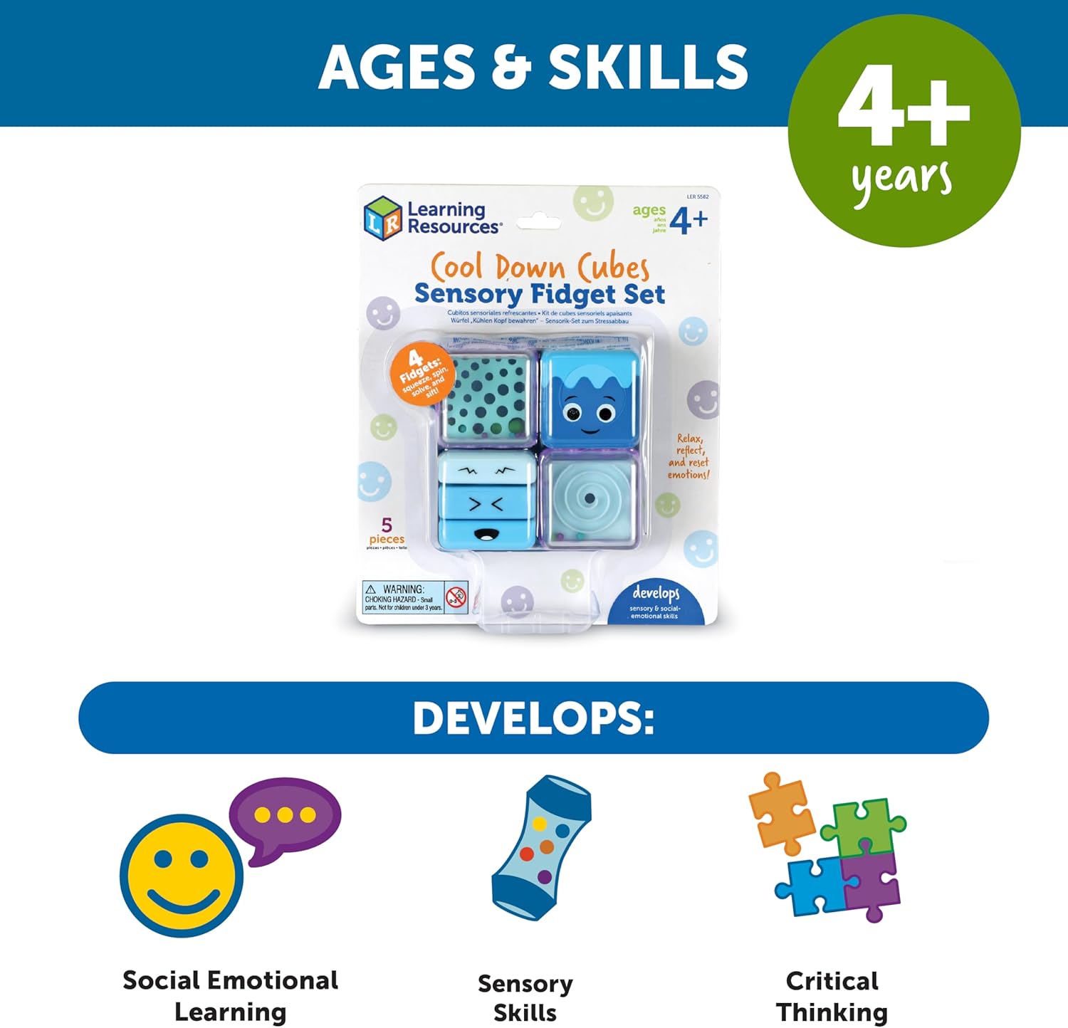 Learning Resources Cool Down Cubes Sensory Fidget Set - 4 Calming Activities for Kids Ages 4+
