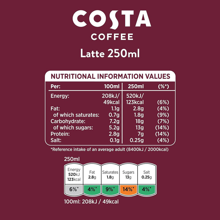 Costa Coffee Latte 4 x 250 ml - Creamy Ready-to-Drink Coffee with Mocha Italia Blend