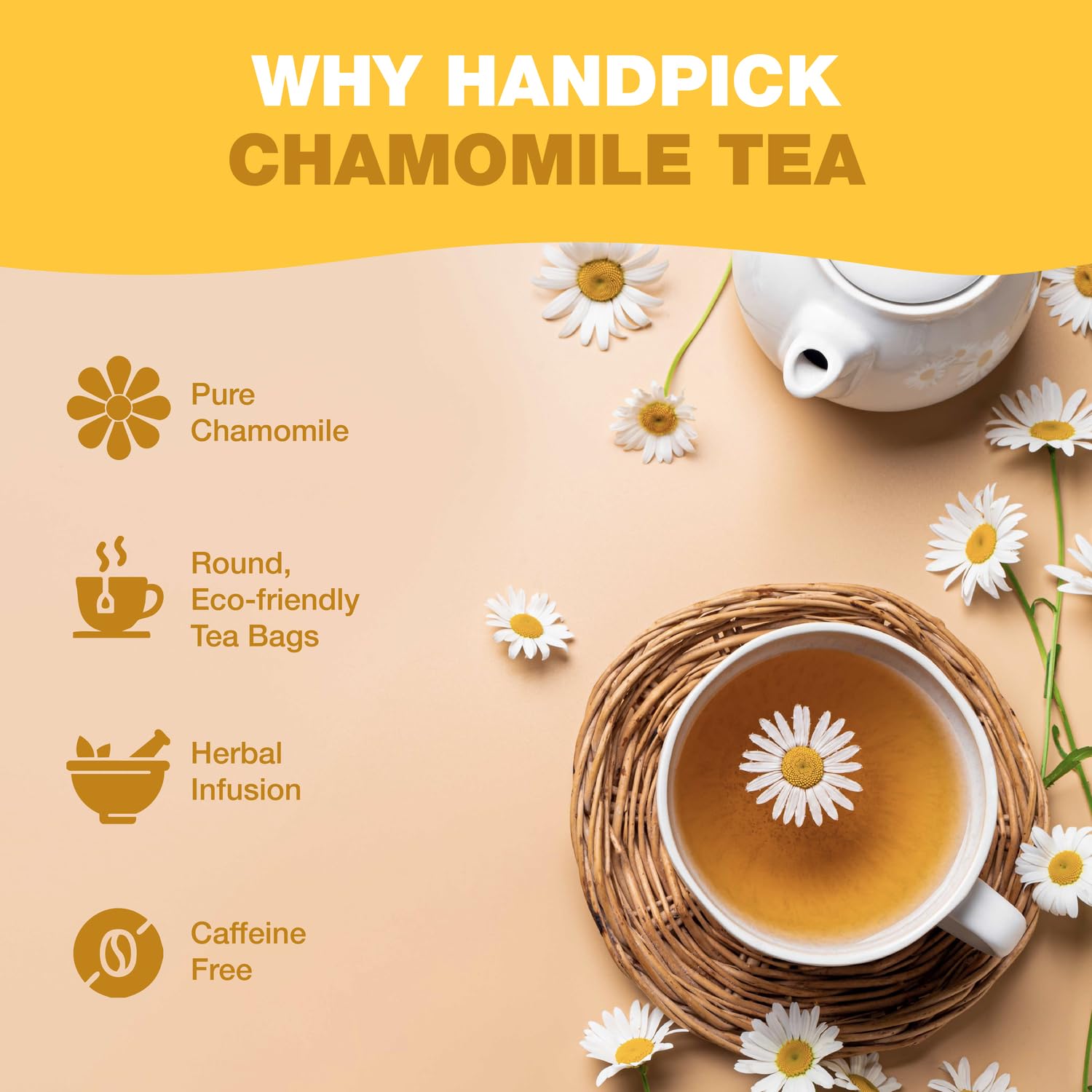 HANDPICK Chamomile Tea Bags (100 Herbal Tea Bags) Caffeine Free | Floral 8