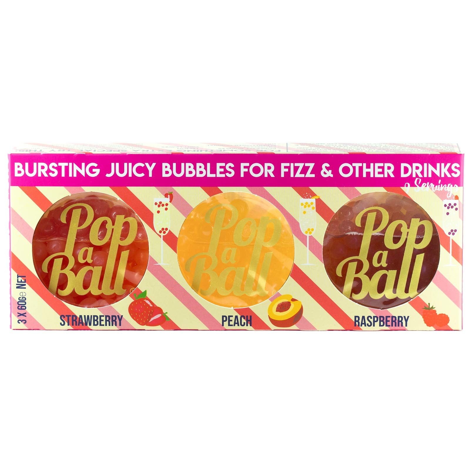 Popaball Bursting Bubbles for Prosecco, Gin & Mocktails - 3 x 60g (Strawberry, Raspberry, Peach)