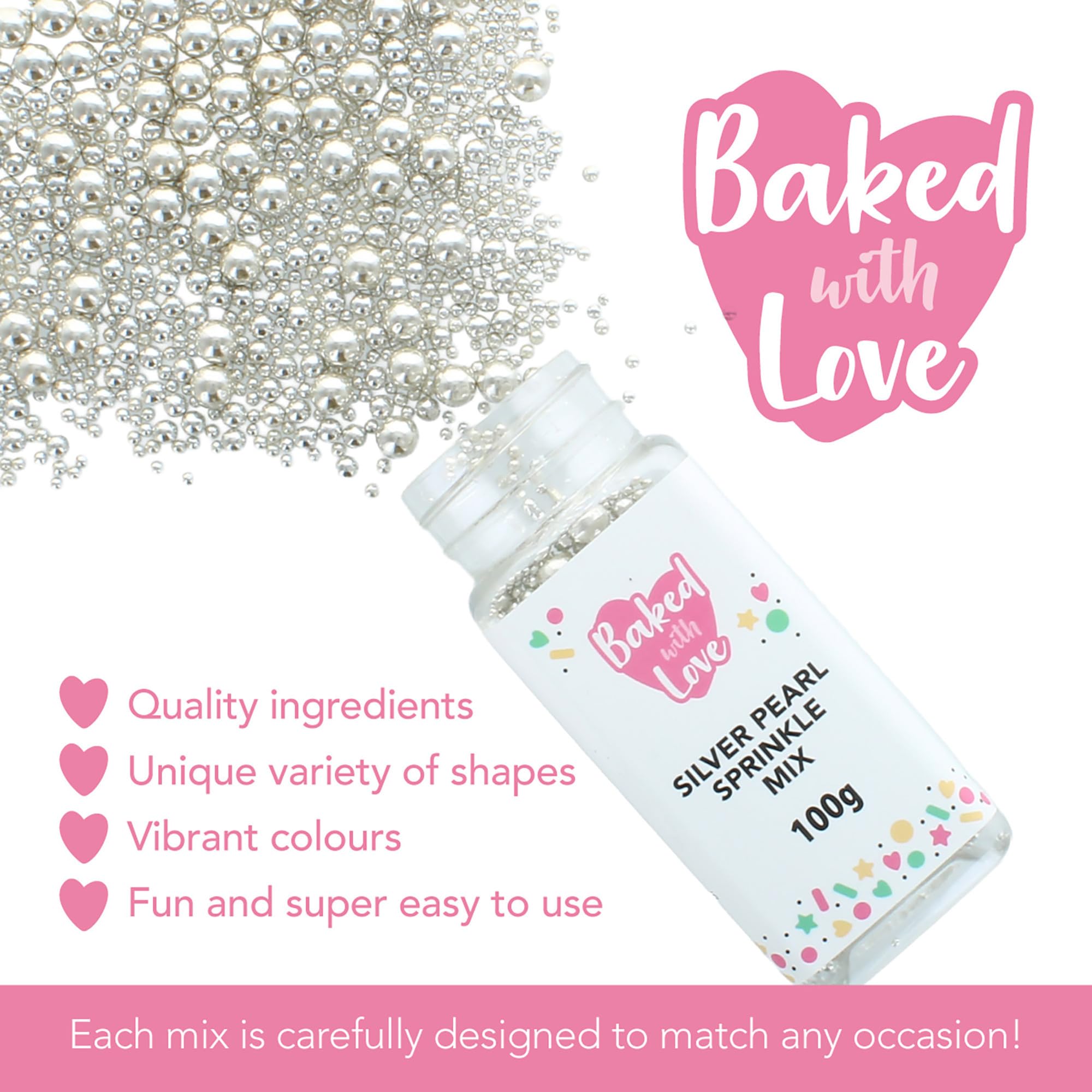 Baked with Love Silver Pearl Sprinkles - Edible Sugar Balls for Cakes & Cupcakes | 100g 2