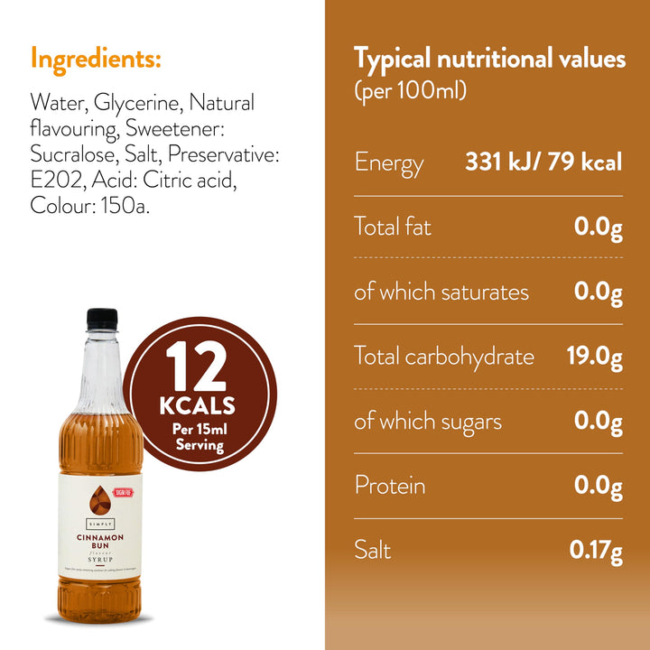 Simply Sugar Free Cinnamon Bun Syrup, Vegan & Nut Free, Flavoured Syrup for Beverages & Baking