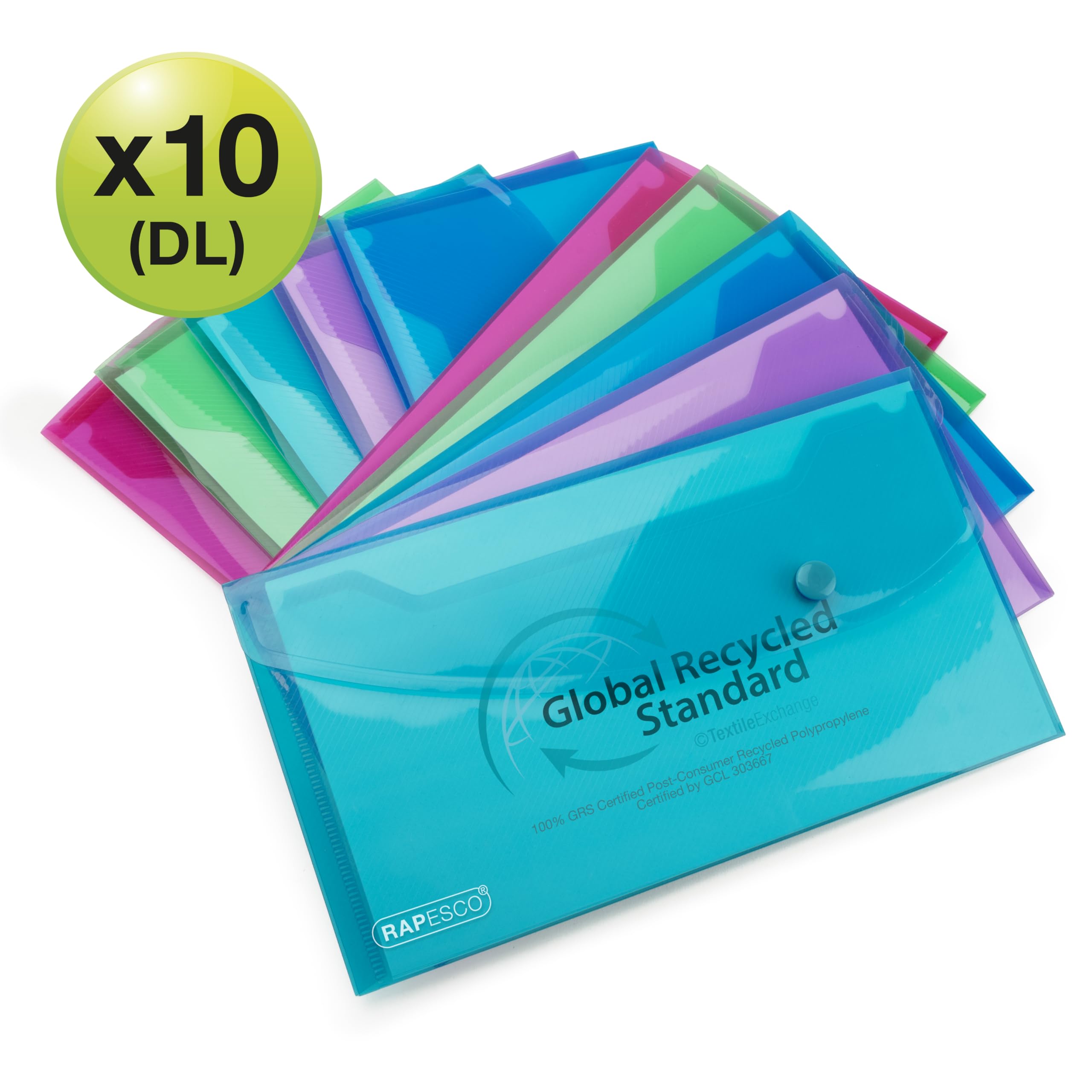 RAPESCO 1844 ECO Recycled Popper Wallets - DL Size, Assorted Bright Transparent, Pack of 10