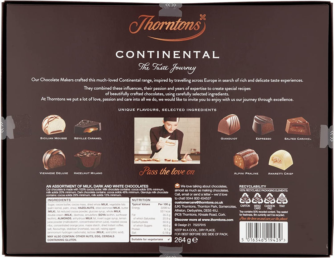 Thorntons Continental Assorted Milk, Dark & White Chocolate Gift Box, 264g