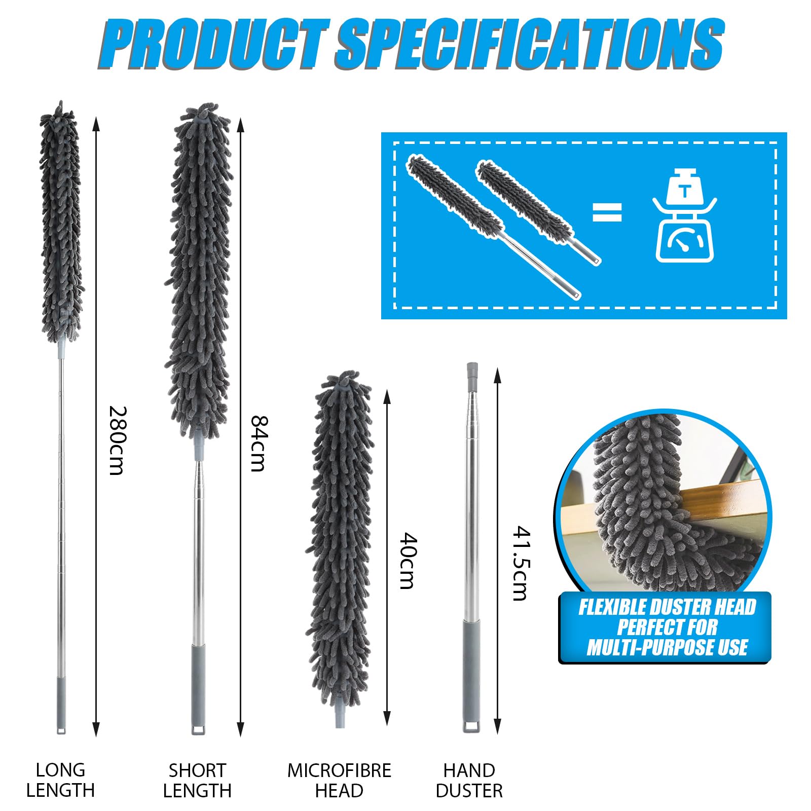 ASelected - Extendable Microfiber Duster with Telescopic Stainless Steel Handle for Home Cleaning 4