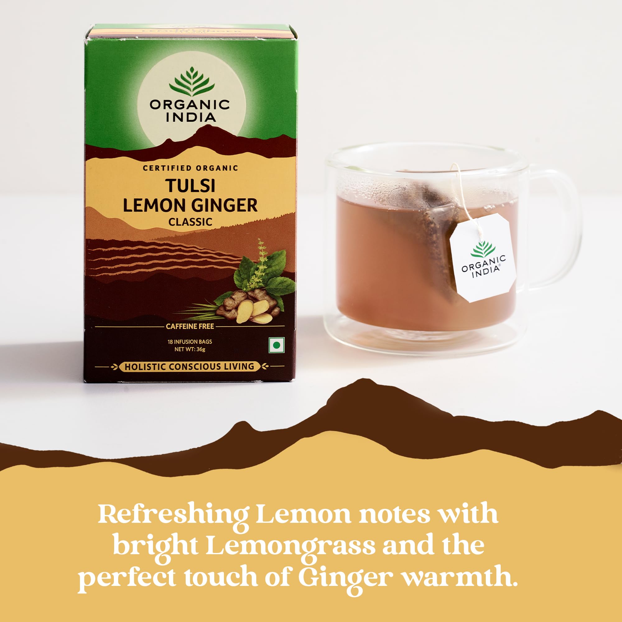 ORGANIC INDIA Tulsi Lemon & Ginger Herbal Tea - Caffeine-Free, Certified Organic, 1 Count Teabags
