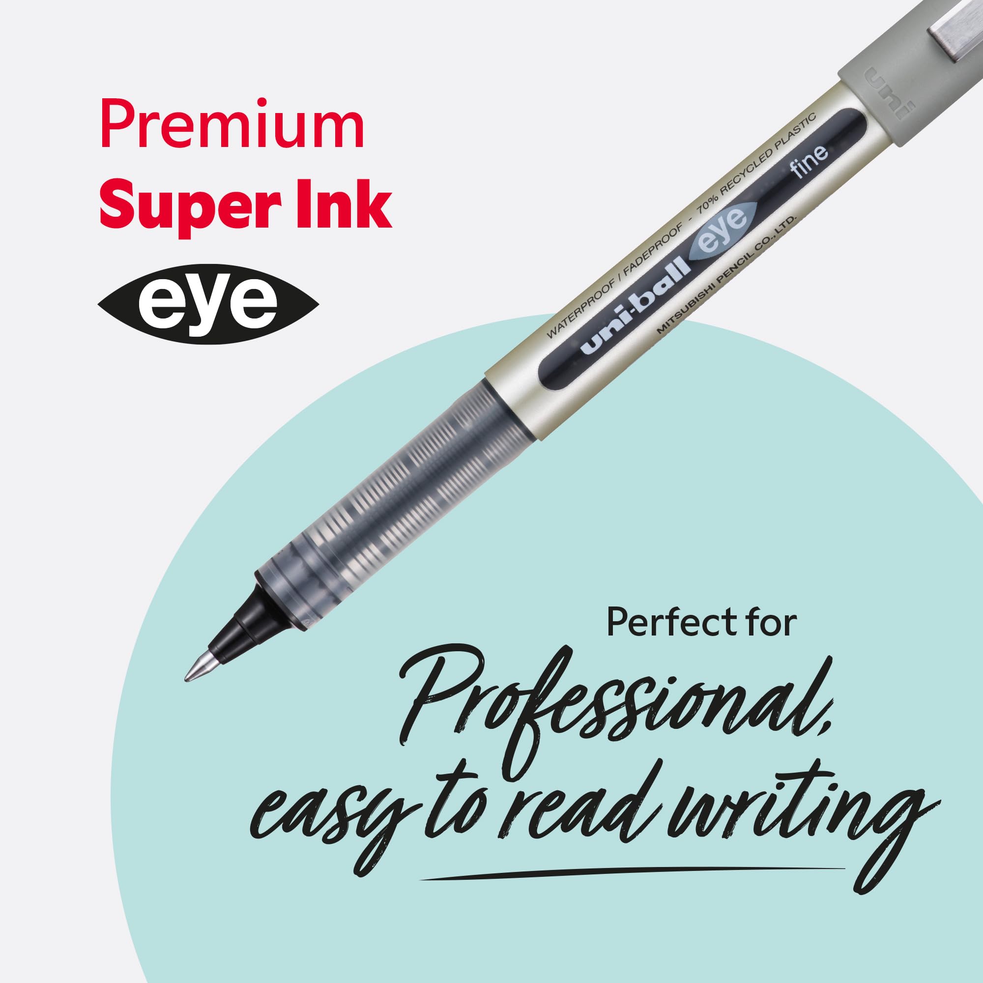 uni-ball Eye Rollerball Pens - 13 Pack (12 Black + 1 Exclusive Gel Pen) | 0.7mm Fine Tip | Water & Fade Resistant Super Ink 3